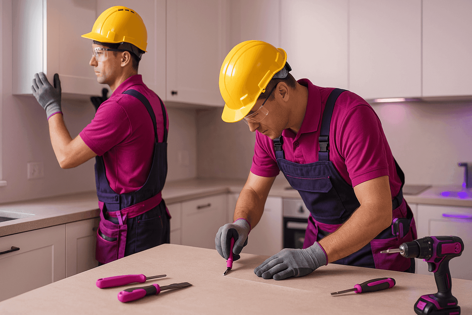 Professional kitchen remodeling with OSHA-compliant workers installing cabinetry and countertops